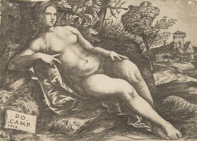 Nude Woman Venus Reclining in a Landscape by Domenico Campagnola