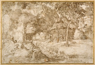 Pilgrims visiting St Jerome in the wilderness by Domenico Campagnola