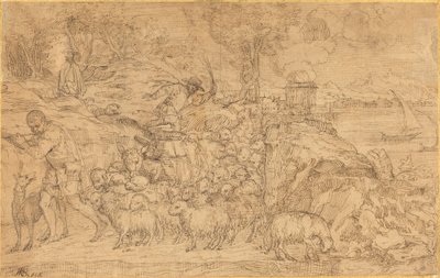 Shepherd Playing a Flute and Leading His Flock by Domenico Campagnola