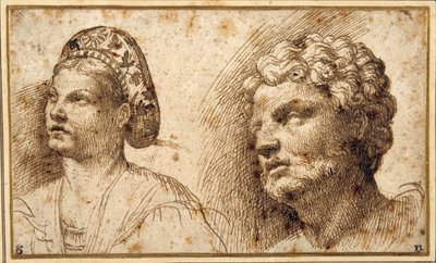 Study of the Head and Shoulders of a Young Woman Wearing a Balza, and of the Head of a Bearded Man by Domenico Campagnola