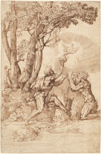 The Hermit Saints Paul and Anthony Receiving Bread from a Dove by Domenico Campagnola