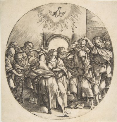 The Holy Spirit as a bird descending with spread wings at top center, the twelve Apostles, 1518 by Domenico Campagnola