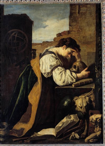 Melancholia. A sad young woman bends over a skull