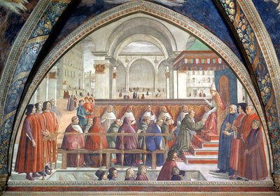 St. Francis receiving the Rule of the Order from Pope Honorius, scene from a cycle of the Life of St. Francis of Assisi by Domenico Ghirlandaio