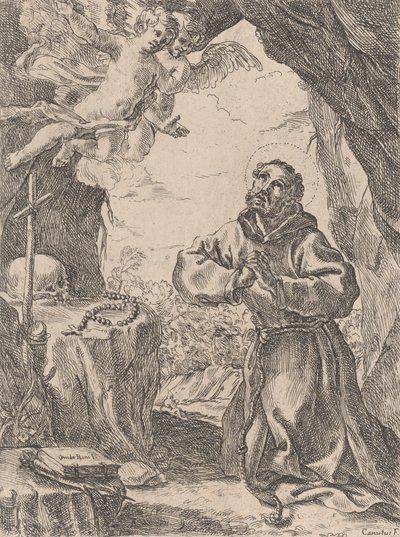 Saint Francis of Assisi, kneeling before a crucifix with two angels at upper left by Domenico Maria Canuti