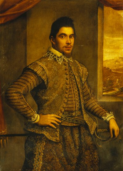 Portrait of a Gentleman, Standing Three-Quarter Length, Wearing an Elaborately Embroidered Costume, Before a Window, a Landscape Beyond by Domenico Robusti Tintoretto