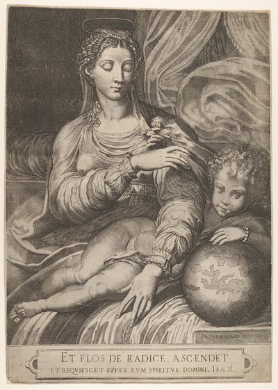 Madonna of the Rose, she reaches for a rose held by the Christ child, 1560-75 by Domenico Tibaldi