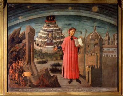 Dante Alighieri and His Comedy. Portrait of Tenant Dante at the Main Divine Comedy by Domenico di Michelino