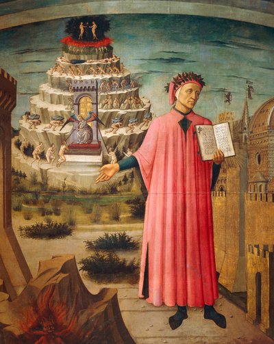 Dante Alighieri with Divine Comedy in his hand and mountains of purgatory in background (detail) by Domenico di Michelino