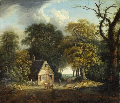 A Wooded Landscape with a Drover and Cattle by a Cottage by Dominic Serres