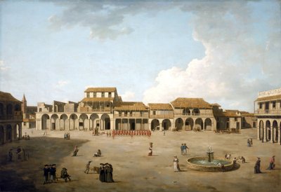 Havana Square, August and September 1762, Under British Occupation with a Troop of Soldiers in Red Uniforms, Description of the Buildings and Some English Sailors Near the Fountain by Dominic Serres