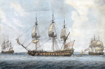Portrait of a British 74-gun ship, in Solent, seen from three different angles by Dominic Serres