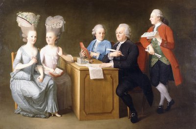 A Group Portrait of Monsieur Le Roy, with his Two Daughters and Two Sons, seated full-length at a Table by Dominique Doncre
