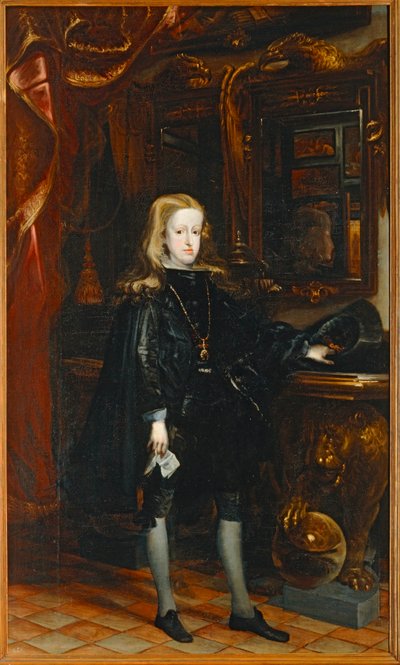 Carlos II, in a black suit with the Golden Fleece around his neck. Son of Felipe IV by Don Juan Carreno de Miranda