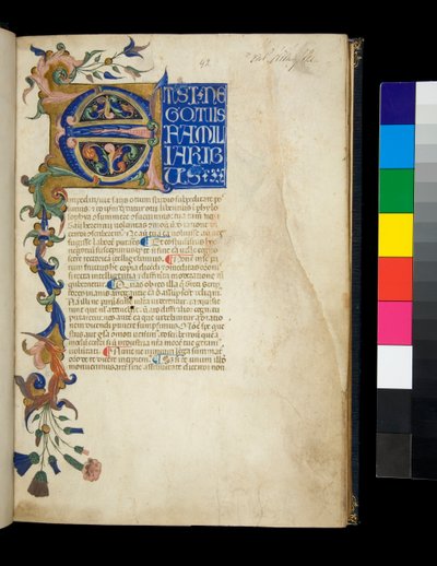 Illuminated initial [E] and partial border with acanthus leaf and flower decoration, the first line of text in white display capitals on blue ground by Don Silvestro dei Gherarducci