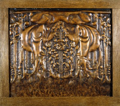 A decorative lead panel moulded in high relief, depicting two facing stylised maidens by Donald McKay Stoddart