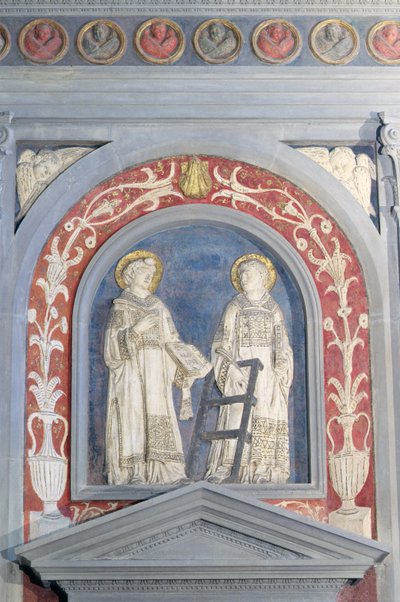 St. Lawrence and St. Stephen, low relief sculpture above the north door, c.1440 by Donatello