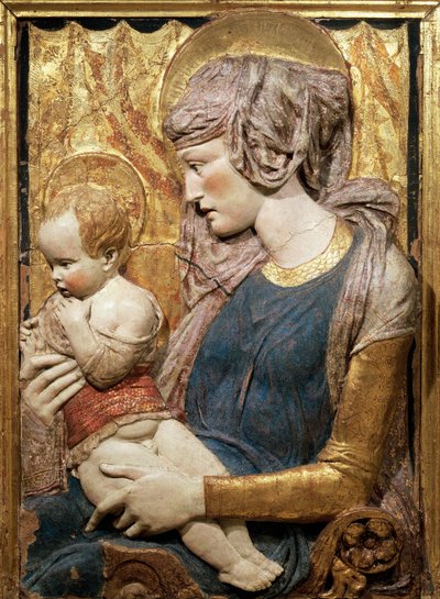 Virgin and Child, ca 1440, by Donatello, painted and gilded terracotta relief by Donatello