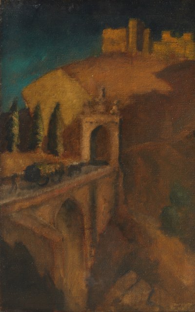 Mountain Landscape with Bridge (verso) by Dora (attr. to) Carrington