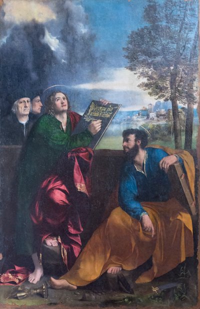 Saint John the Evangelist and Saint Bartholomew with Pontichino della Sale and a member of his family by Dosso Dossi