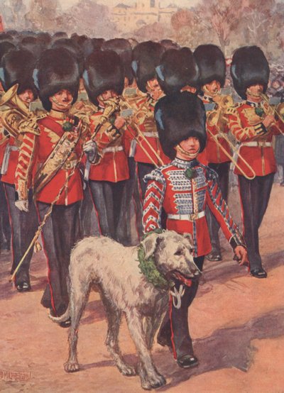 The band and wolfhound mascot of the Irish Guards wearing the shamrock on St Patrick’s Day by Douglas (after) Macpherson