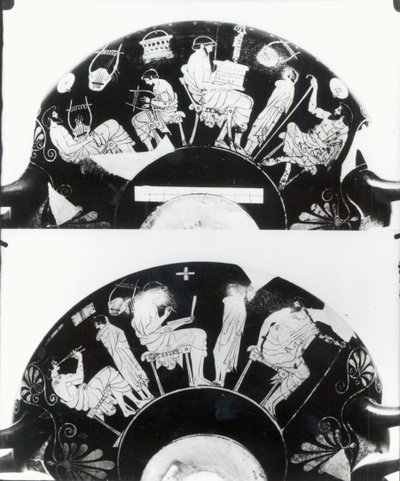 Two views of an attic red-figure cup depicting a school scene by Douris