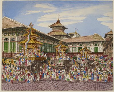 The Kumari Jatra. Three Temple Cars outside the Hanuman Dhoka, Kathmandu by Dr. Henry Ambrose Oldfield