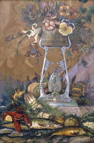 Flowers in a Vase on a Stand with Asparagus, Lobsters, Oysters and Fish by Dragutin Inkiostri Medensak