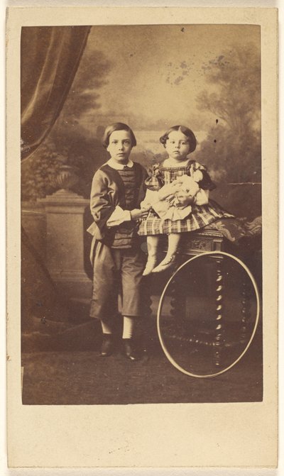 Unidentified Little Boy Standing Next to an Unidentified Little Girl Seated on a Table, a Large Hoop Resting on a Table Leg by Désiré Durand