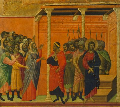 Altarpiece: Christ accused by the Pharisees, (detail of a tile) by Duccio di Buoninsegna