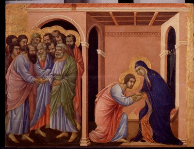 Mary Takes Leave of John, on the Outside, the Apostles Peter and Paul Shake Hands (detail) by Duccio di Buoninsegna
