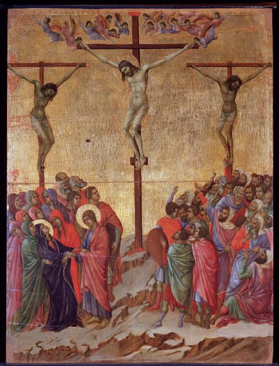 The Crucifixion. On the sides, the good thief (Dismas) and the impenitent thief (Gestas) by Duccio di Buoninsegna