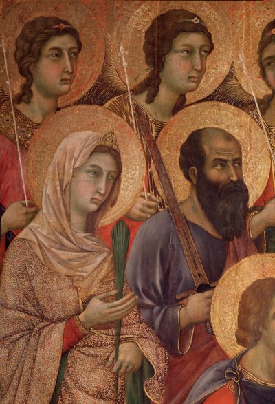 Virgin and child on the throne, detail with Saint Catherine of Alexandria and Saint Paul (detail) by Duccio di Buoninsegna