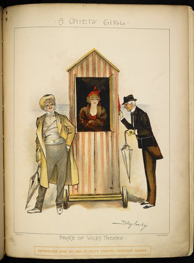 A Girl in a Mobile Changing Cubicle, on the Beach on the Riviera. Two Men, Possibly the Characters, the Judge and the Chaplain Wait Outside. by Dudley Hardy
