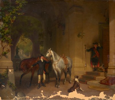 Rider with Two Horses in Front of Castle by Düsseldorfer Maler um 1850