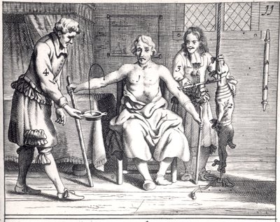 Blood transfusion from a dog, from Armamentarii Chirurgici by Johannes Schultes published in Amsterdam, 1671 by Dutch School