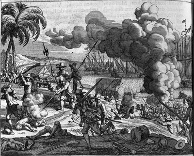 Colonization: the Dutch fleets chasing Portuguese from Ceylon in 1658. Dutch print from Afgoderye de oost-indische heydenen by Philippus Baldaeus by Dutch School