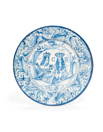 Delft Blue and White Royal Double Portrait Charger by Dutch School