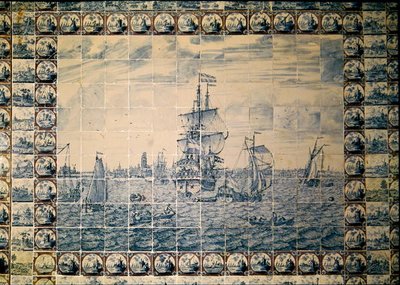 Delft tile panel from the bathroom depicting a shipping scene by Dutch School