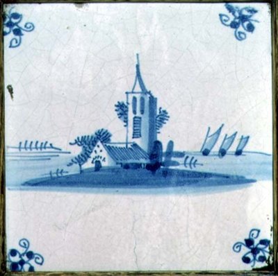 Delft Tile Showing a Church with Three Barge Sails by Dutch School