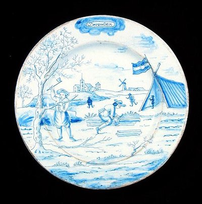 Delftware plate depicting the month of December by Dutch School