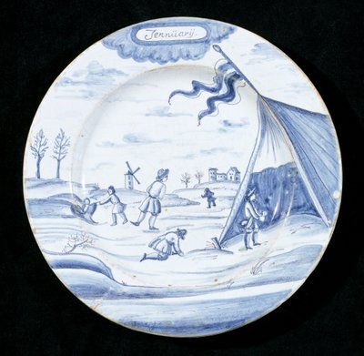 Delftware plate depicting the month of January by Dutch School