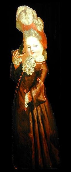 Dummy board figure of a girl holding a parakeet by Dutch School
