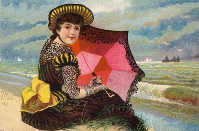 Dutch Girl with Parasol by the Sea by Dutch School