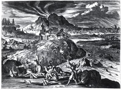Earthquake in Edo (Tokyo) in 1659, illustration from the account by Arnold Montanus of embassies sent by the Dutch East India Company to the Emperor of Japan, published in Amsterdam 1669 by Dutch School