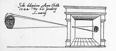 First published illustration of a camera obscura observing a solar eclipse in January 1544 by Dutch School
