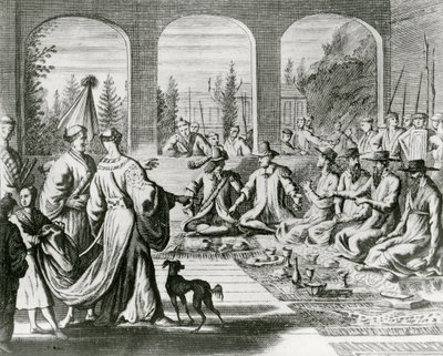 Jesuits with Dutch and Portuguese merchants at the Japanese court (engraving) by Dutch School