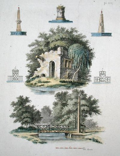 Ornamental garden features, from Magazine of Garden Gems by G. van Laar, published 1802 by Dutch School