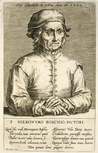 Portrait of Hieronymus Bosch plate 3 in a Series of Portraits of Artists, engraved by Theodor Galle by Dutch School