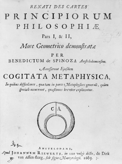 Titlepage to Renati Descartes principiorum philosophie by Baruch Spinoza, published in 1663 by Dutch School